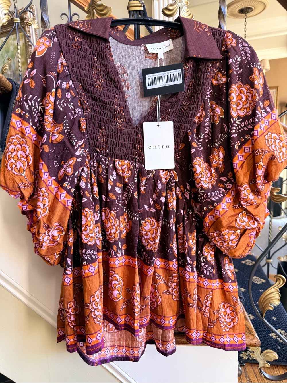 ENTRO NWT Autumn Hour Crochet Detail to. Brown Small. Puff sleeves. Beautiful - Picture 3 of 9